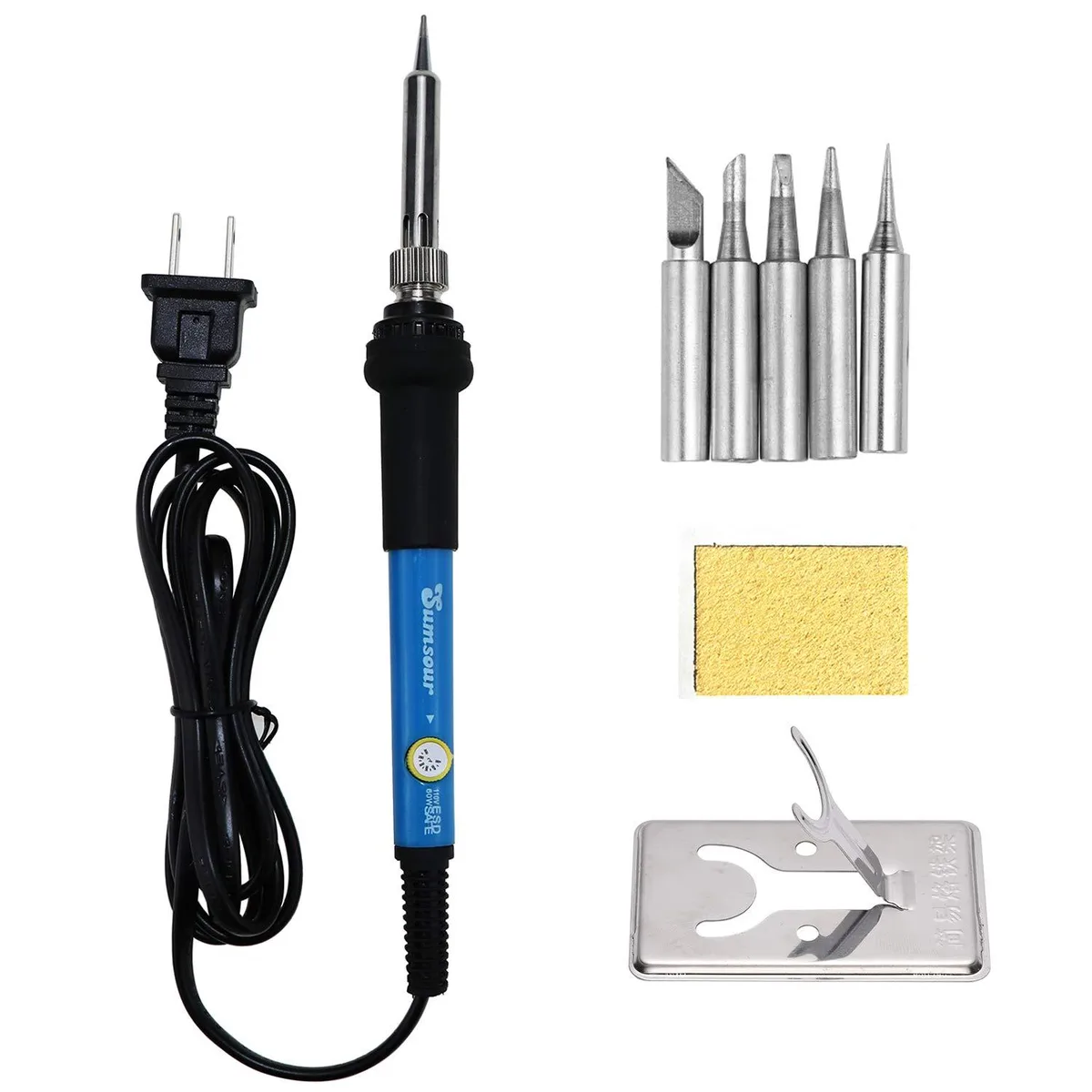 Silver pencil-style soldering iron with temperature knob, metal stand, sponge and five tips