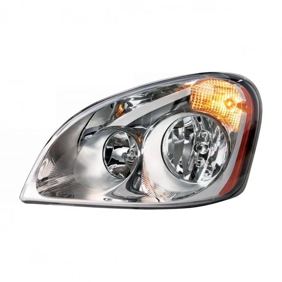 Rectangular driver-side headlight assembly, clear lens with chrome housing, 25.5 by 14 by 14.5 inches