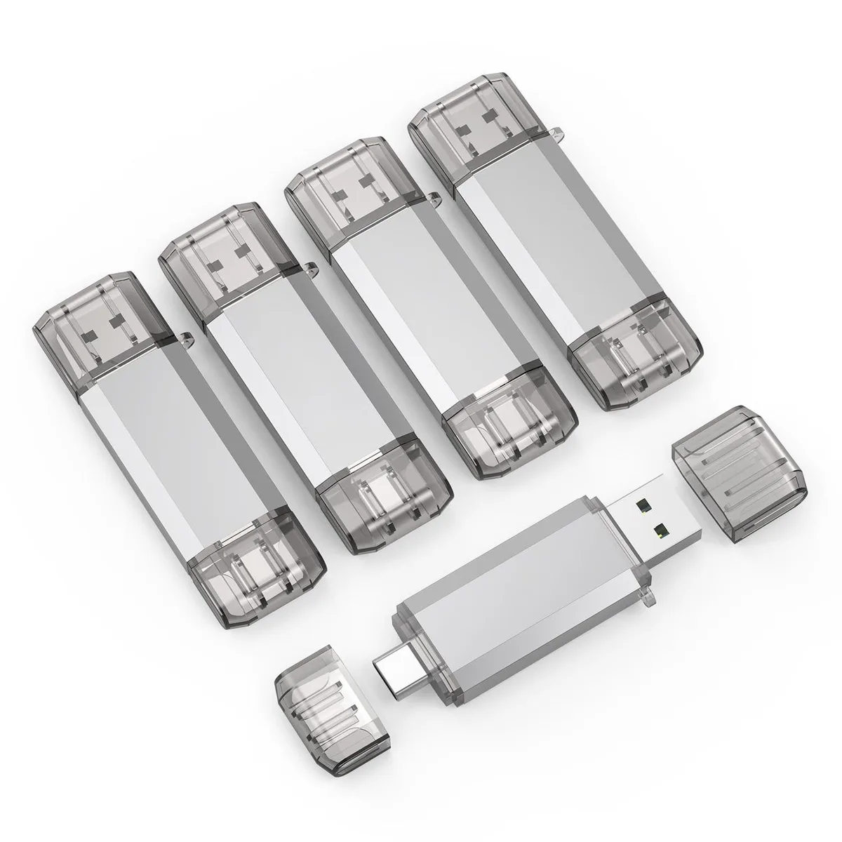 GSM Outdoors GSM Outdoors 5 Pack 64GB USB C Flash Drive Silver 2 in 1 accessory — product photo