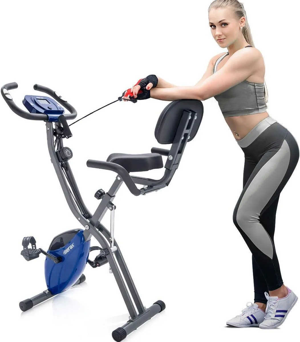 Foldable steel-frame exercise bike with adjustable seat and magnetic resistance dial