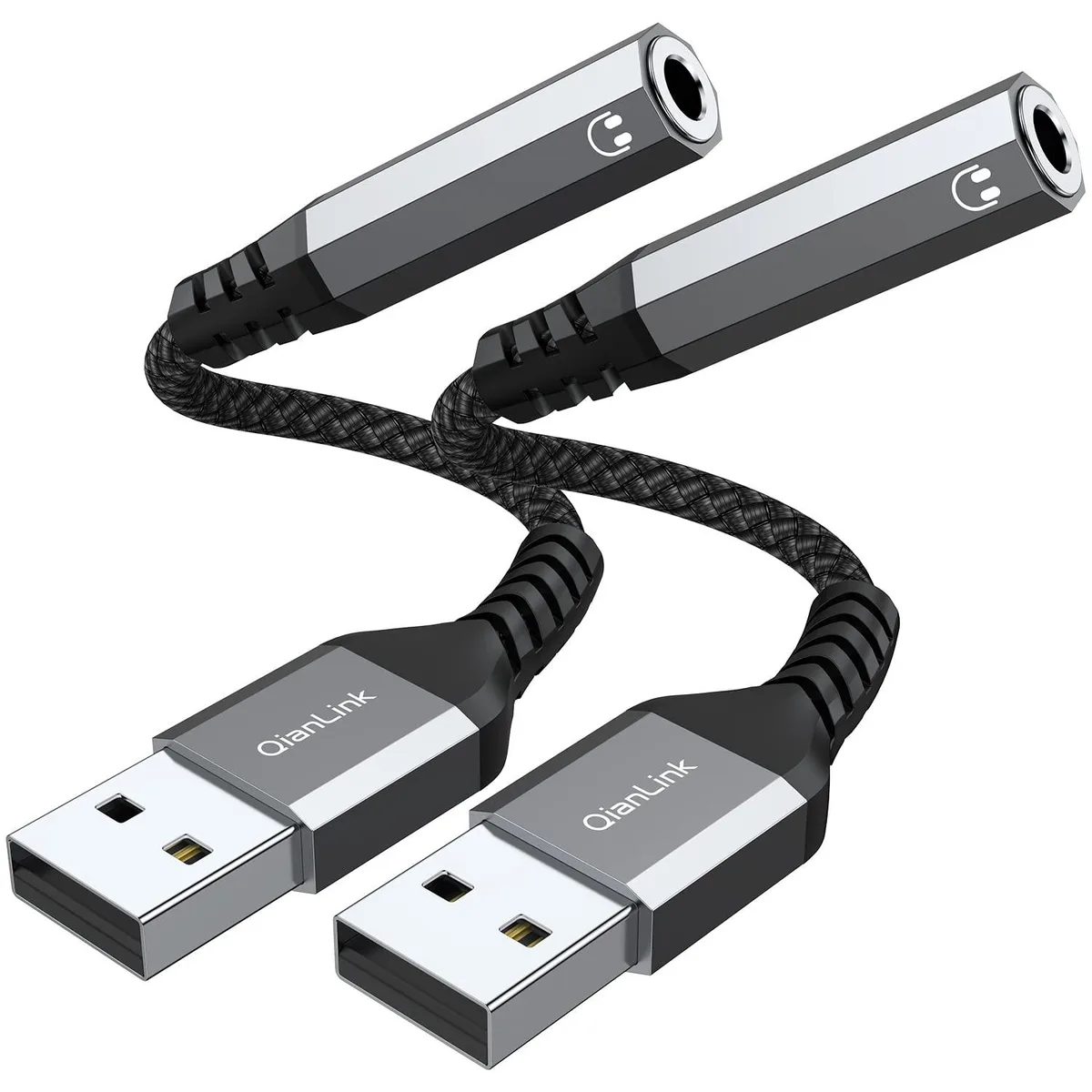 Two small USB-A to 3.5mm TRRS audio adapters with aluminium alloy shells and braided cables