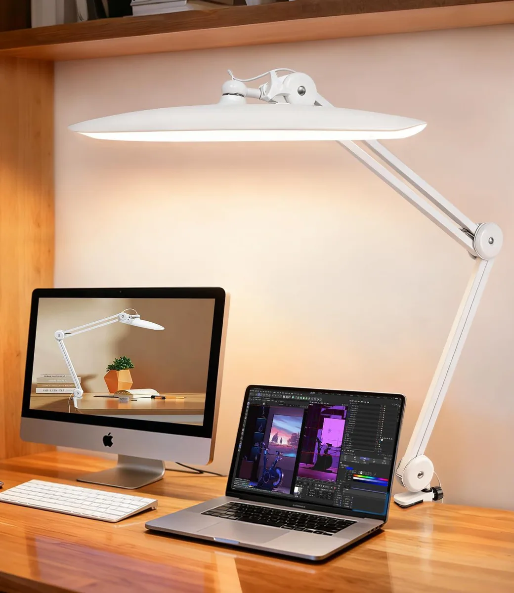 White rectangular LED desk lamp with metal clamp base and 39-inch adjustable arm