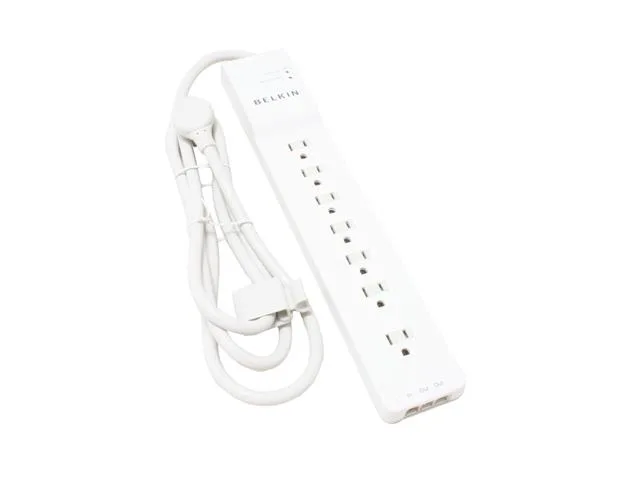 White rectangular surge protector strip with seven outlets, right-angle plug and six-foot cord