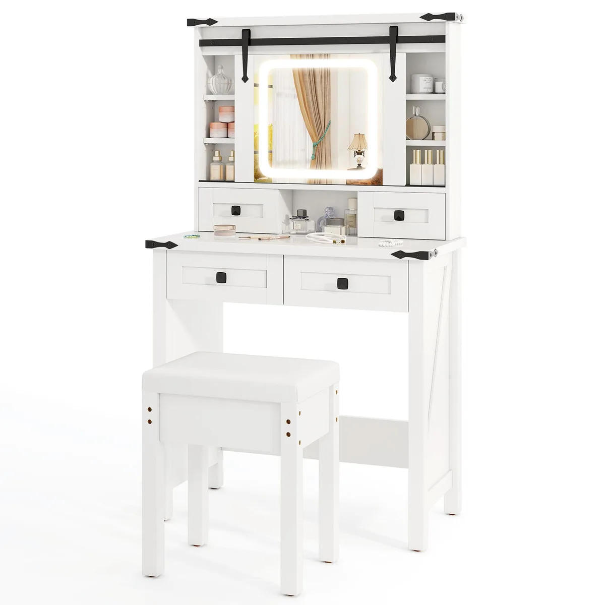 White vanity desk with sliding barn-door mirror LED lights glass top drawers shelves matching stool