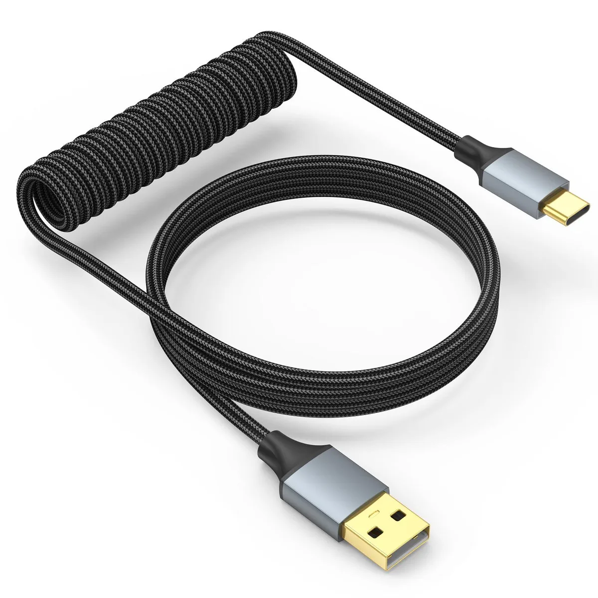 Black nylon braided coiled USB-C to USB-A keyboard cable 5ft
