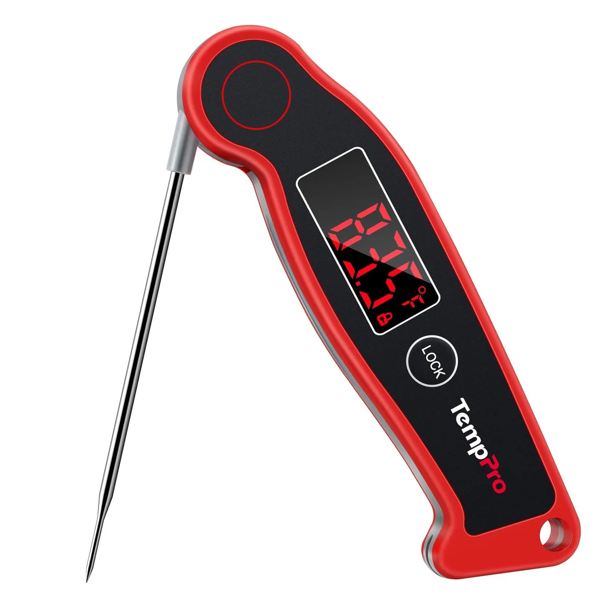 Bright red waterproof thermometer with folding probe and 2.0 inch auto-rotating display