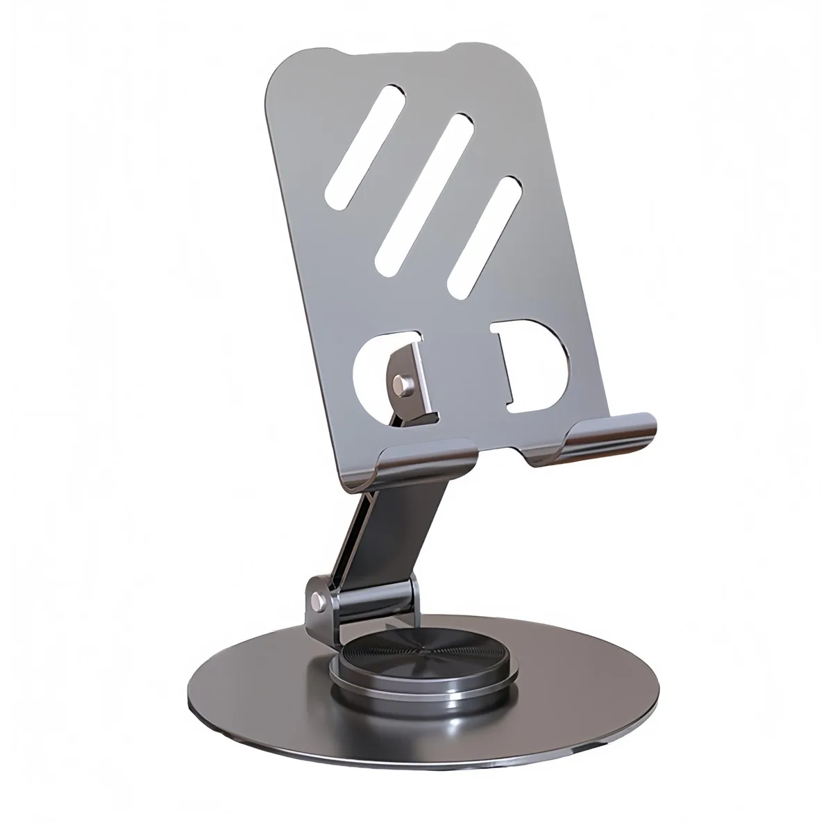 Silver metal phone stand with 360° rotating arm and adjustable height, foldable design