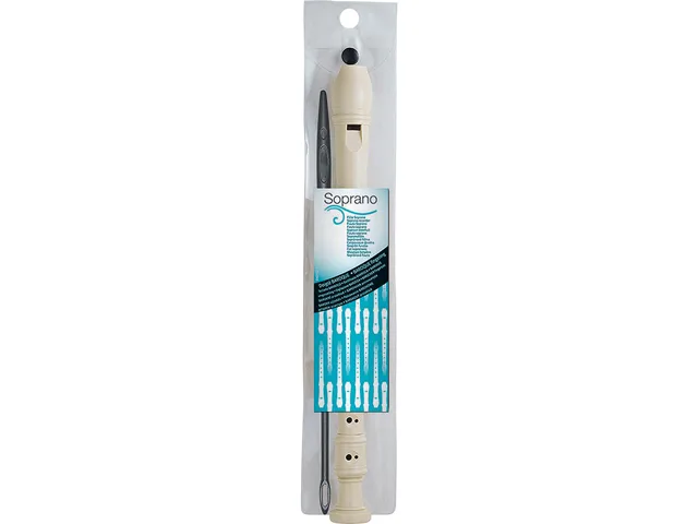 Three-piece beige plastic soprano recorder with cleaning rod and vinyl case