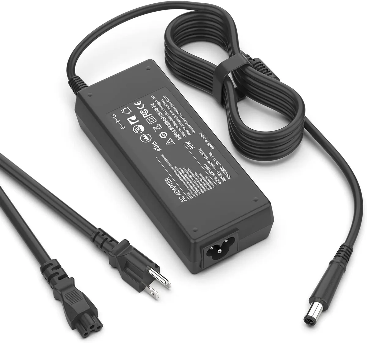 Black rectangular AC adapter with 7.4 by 5.0 mm barrel connector and detachable power cord