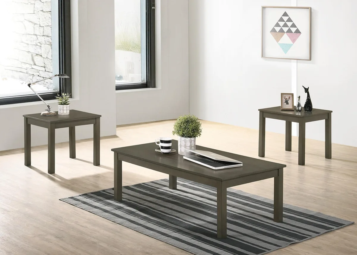 Three-piece coffee table set in dark gray finish, one rectangular coffee table and two matching square end tables