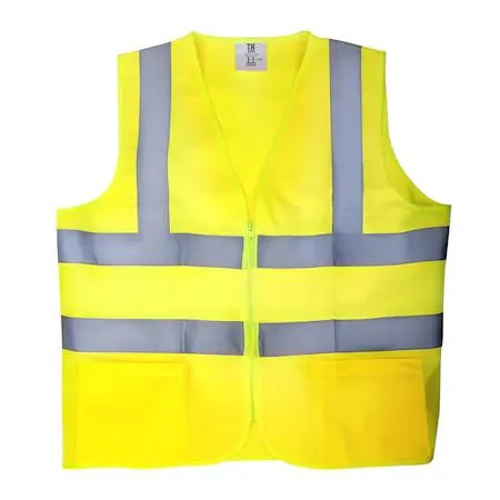 Five neon-yellow Class 2 safety vests with reflective strips, knit fabric, size X-large