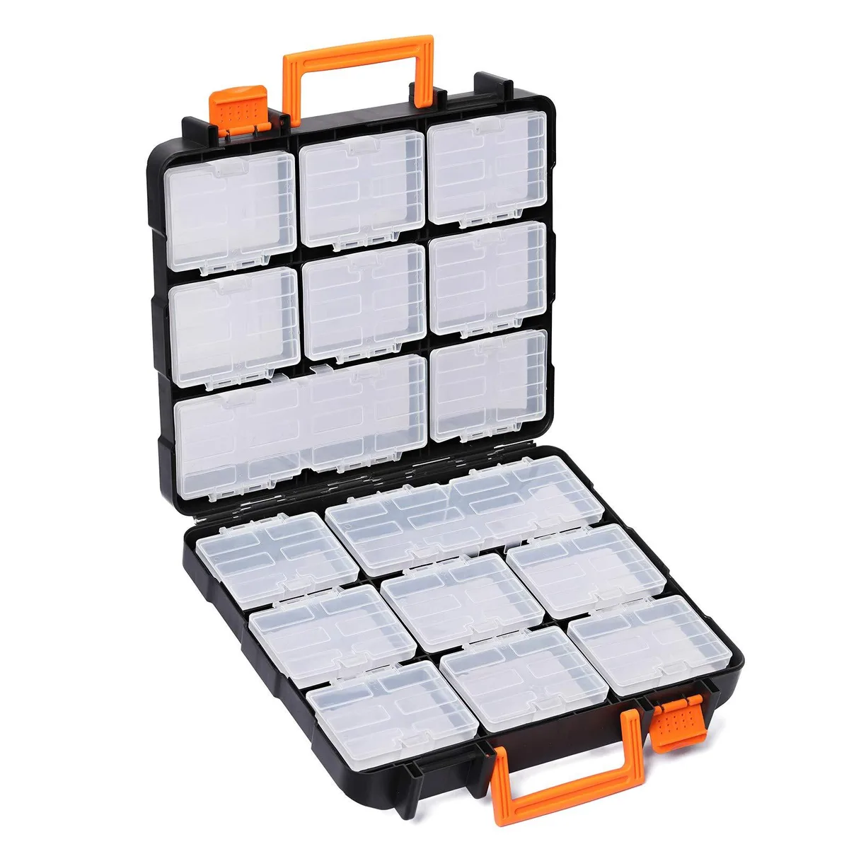 Silver double-sided toolbox, 13.5 inches, 16 detachable compartments, orange latches
