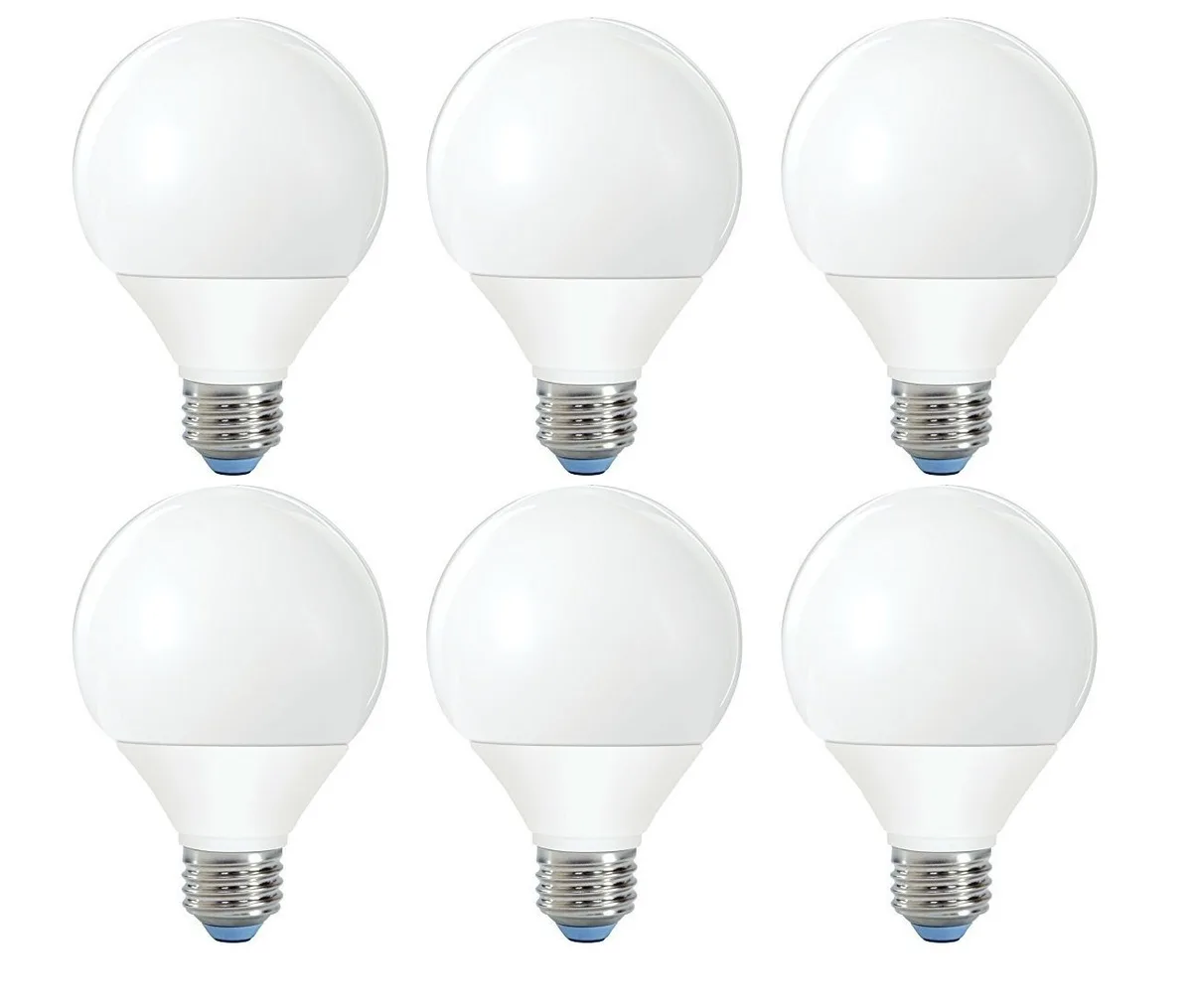 Six frosted-globe CFL bulbs with medium screw bases in a pack