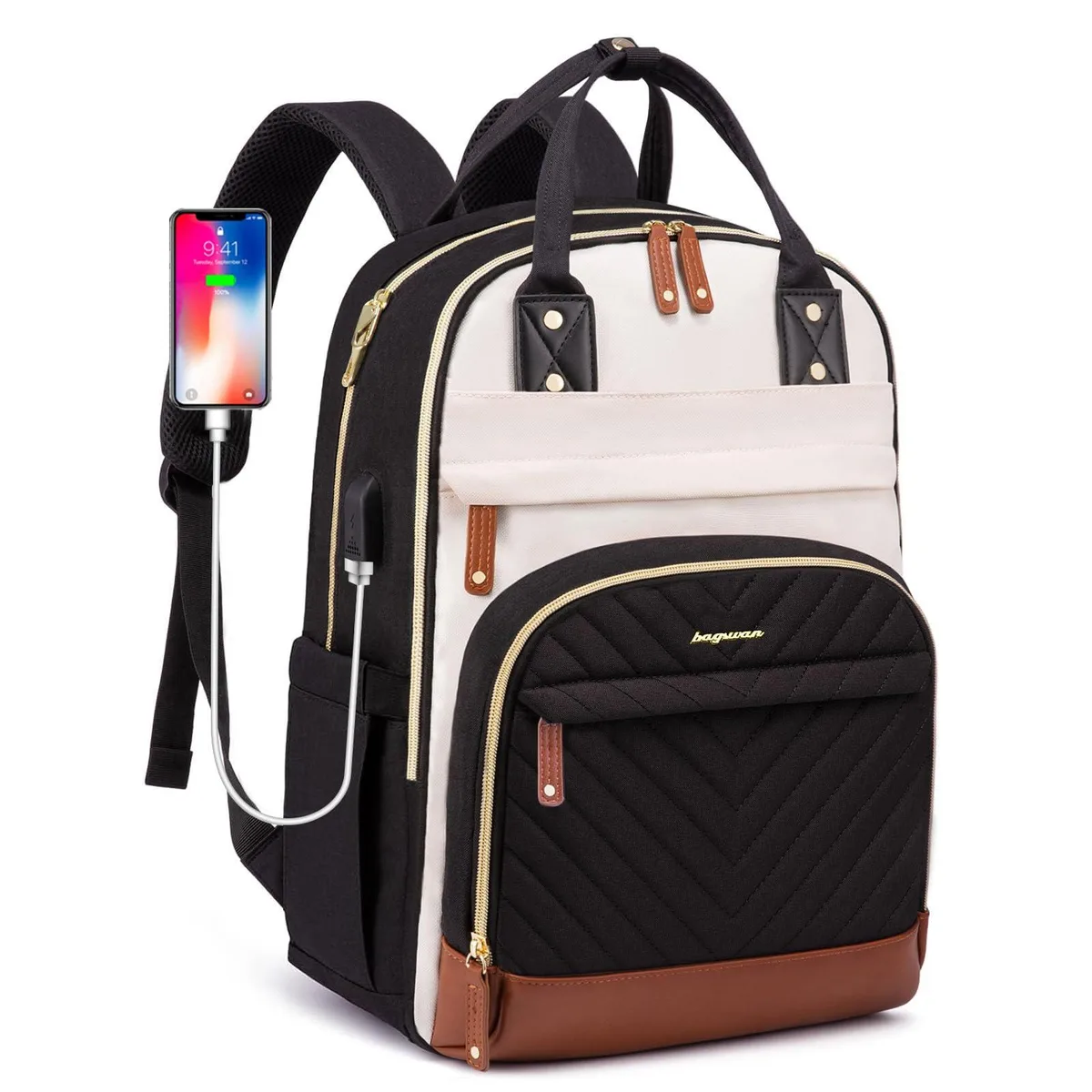 Beige nylon laptop backpack with USB port, 15.6 inch compartment, 22 pockets