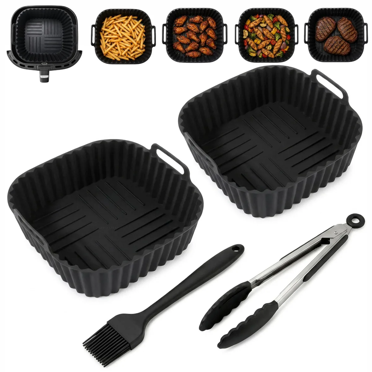 Four-piece air fryer set with two square silicone liners, tongs and basting brush