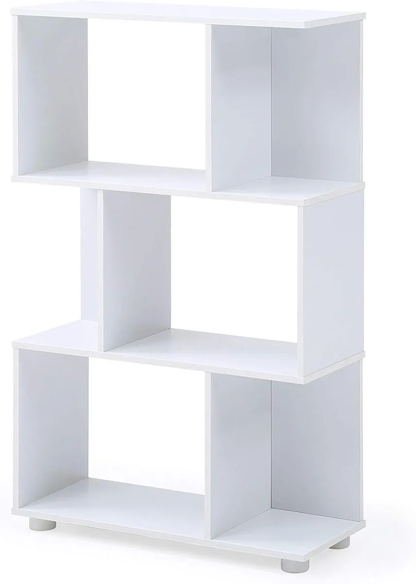 White staggered three-shelf bookcase with open back