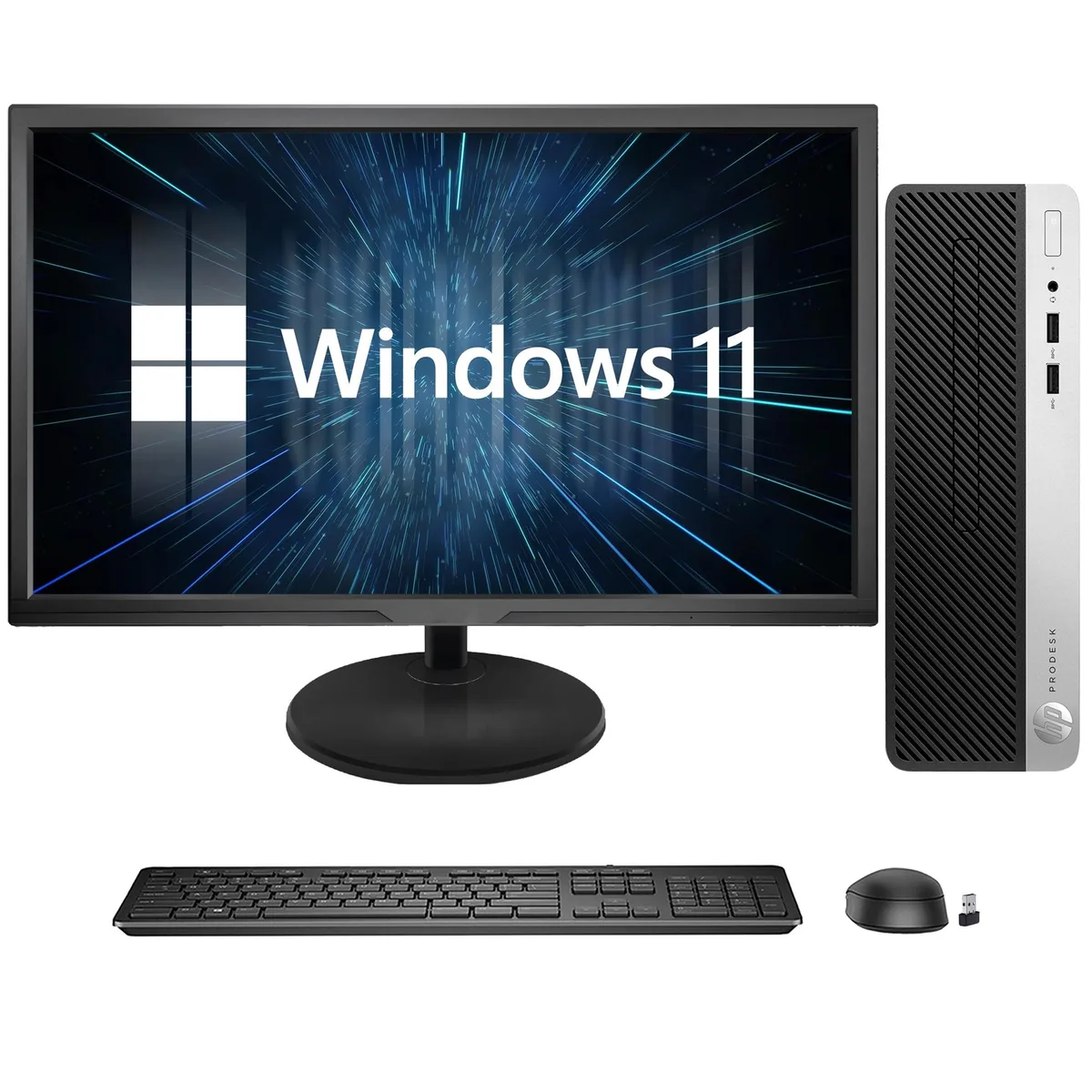 HP HP ProDesk 400 G5 SFF desktop PC, i3-8100 3.6 GHz, 16 GB DDR4, 256 GB SSD, 22" monitor — product photo