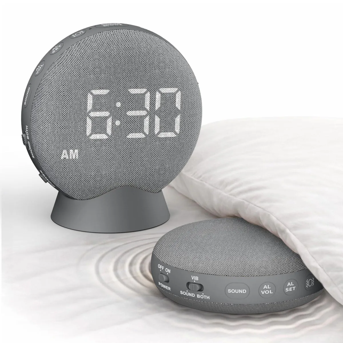 Compact gray digital alarm clock with vibrating bed shaker, 4.2 by 1.5 by 4.2 inches