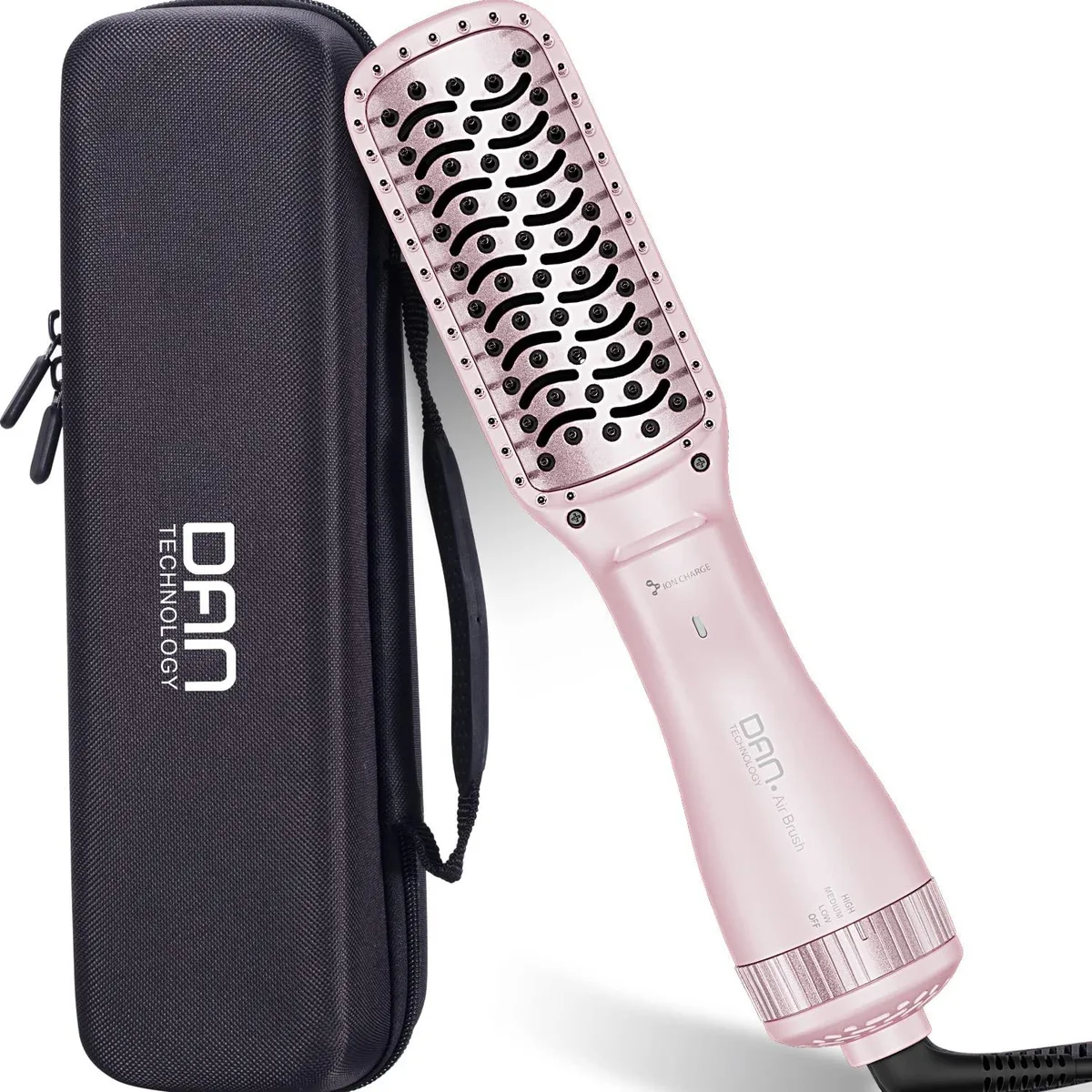 Pink paddle brush dryer with nylon bristles and slender handle