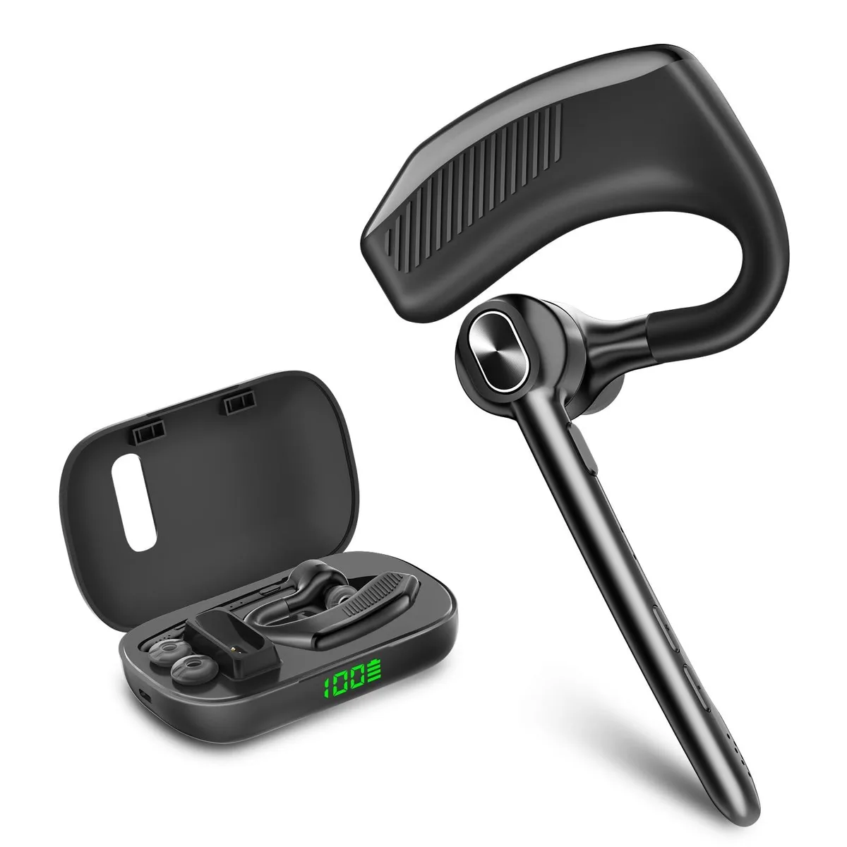Black over-ear Bluetooth headset with wireless charging case