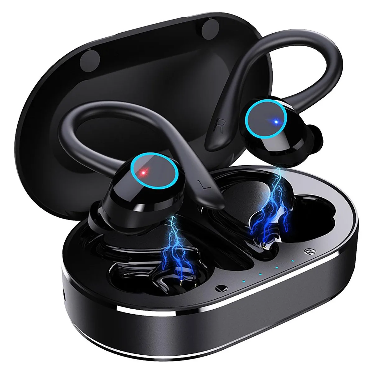 Black ear-hook wireless earbuds in charging case, matte finish