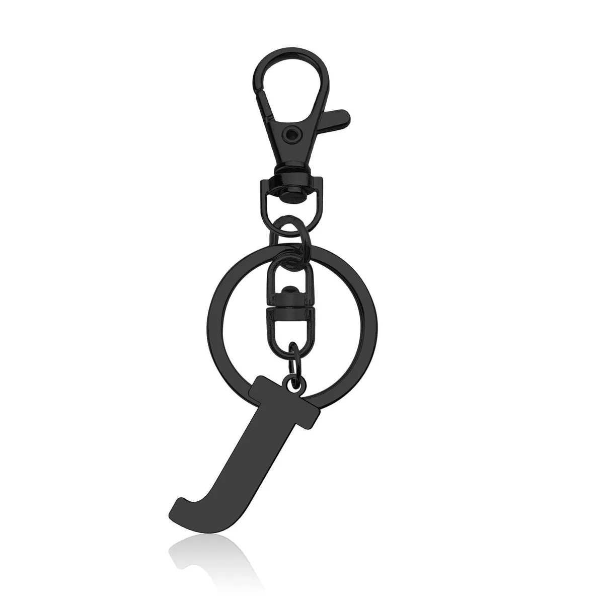 Silver letter J keychain with lobster clasp and ring on velvet bag