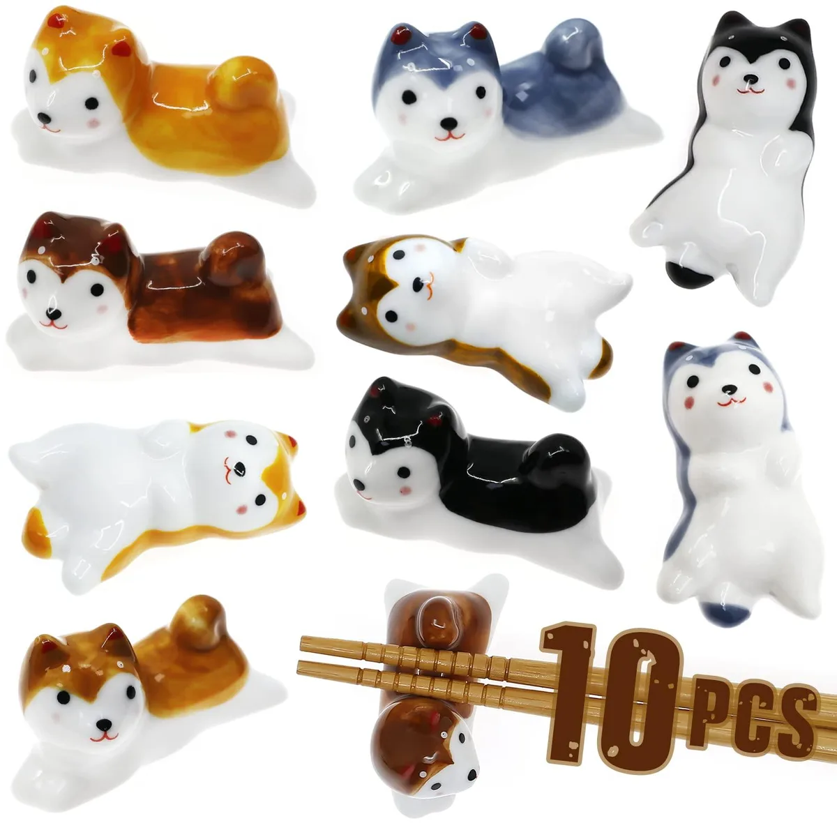 Ten black ceramic dog-shaped chopstick rests