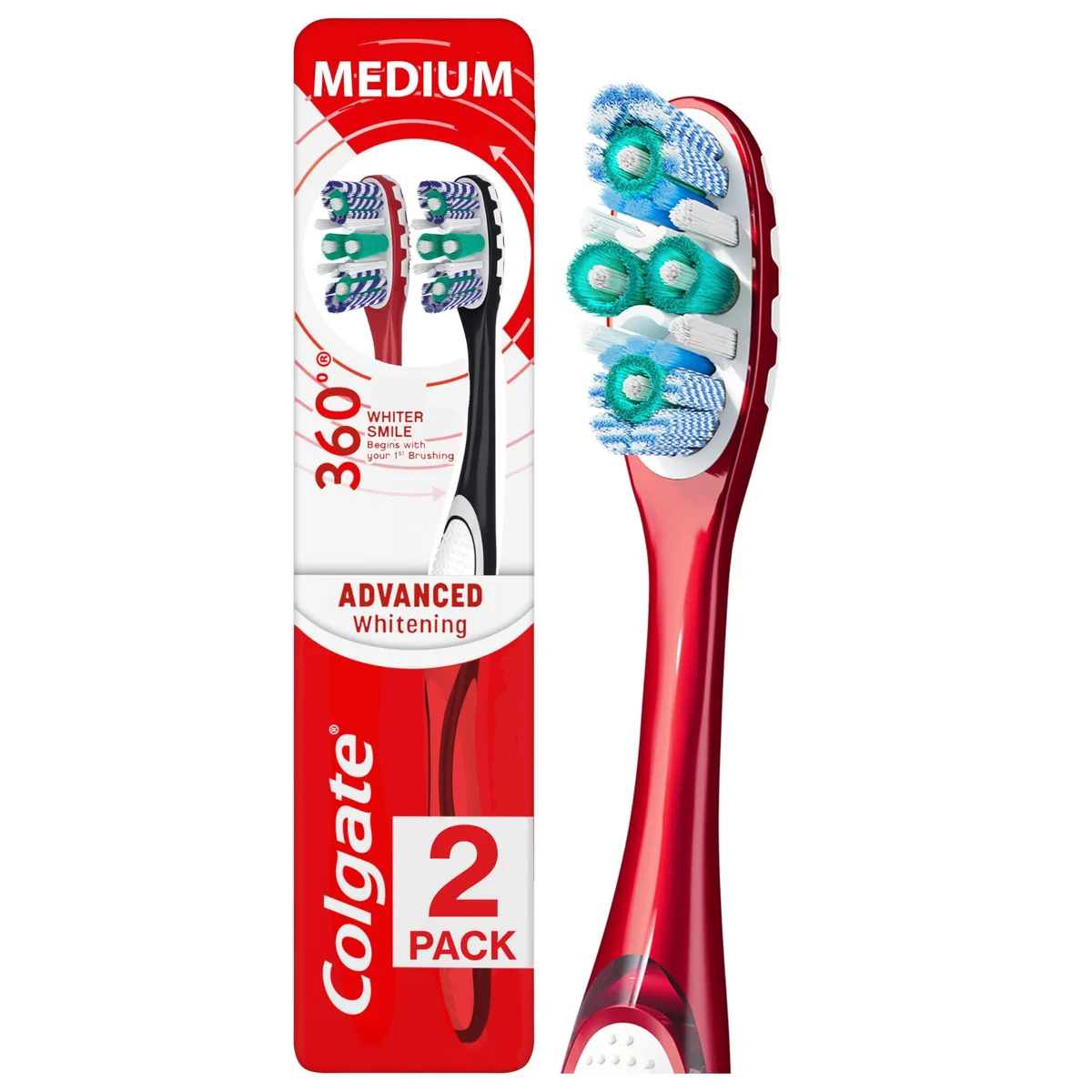 Two white manual toothbrushes with ergonomic handles and medium bristles