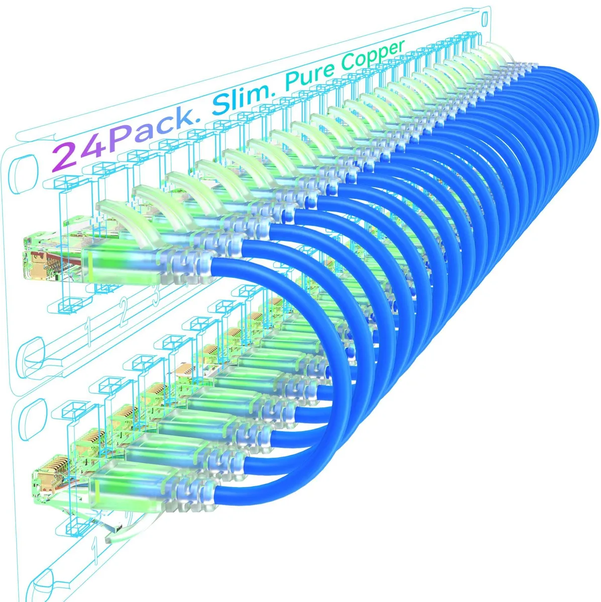  Sokqovt utp6abl1 Cat6a Slim Ethernet Cable 1ft 24 Pack Blue 28AWG 10G 550MHz — product photo