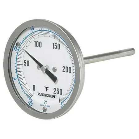 Ashcroft Ashcroft 30EI60R Dial Thermometer 0-250°F 2.5in stem 3in dial 1/2 NPT back — product photo