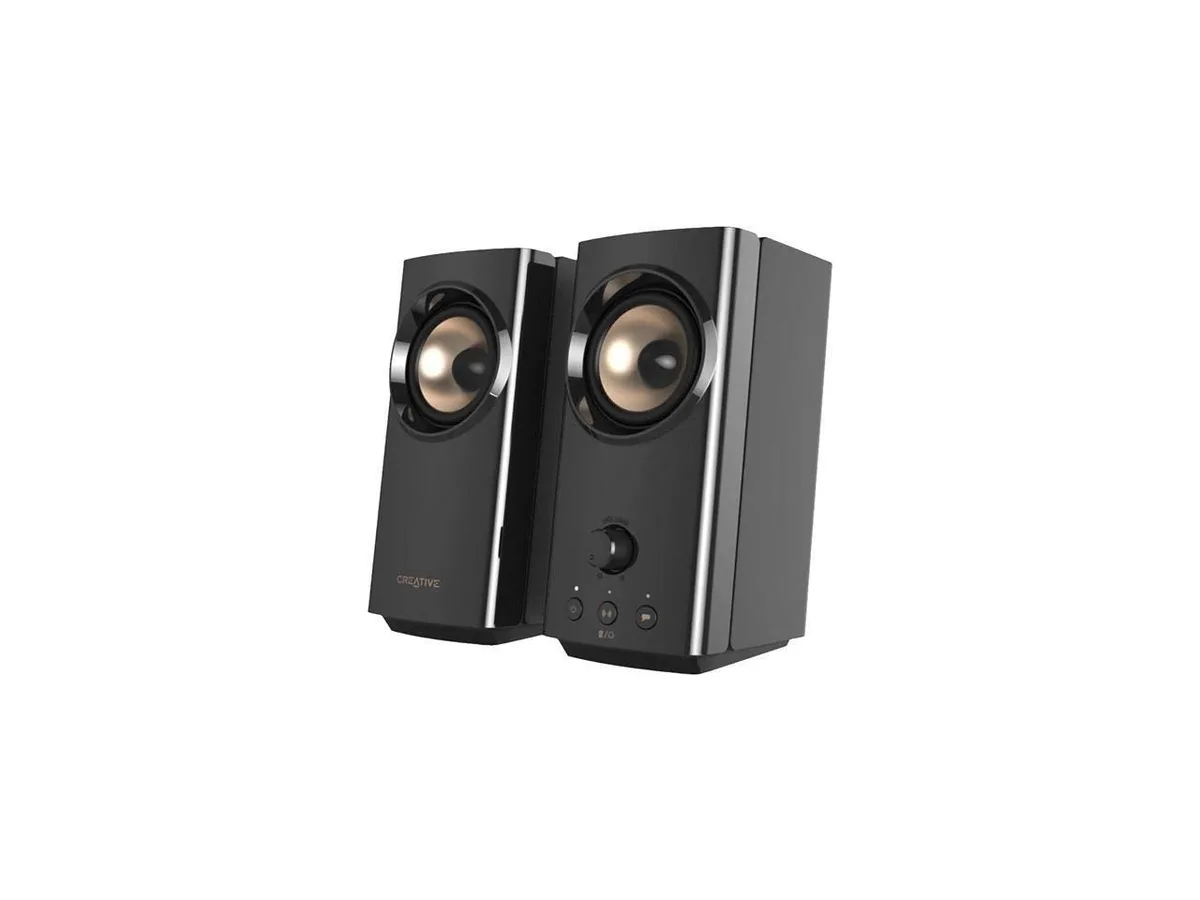 Compact black plastic desktop speaker pair with front controls