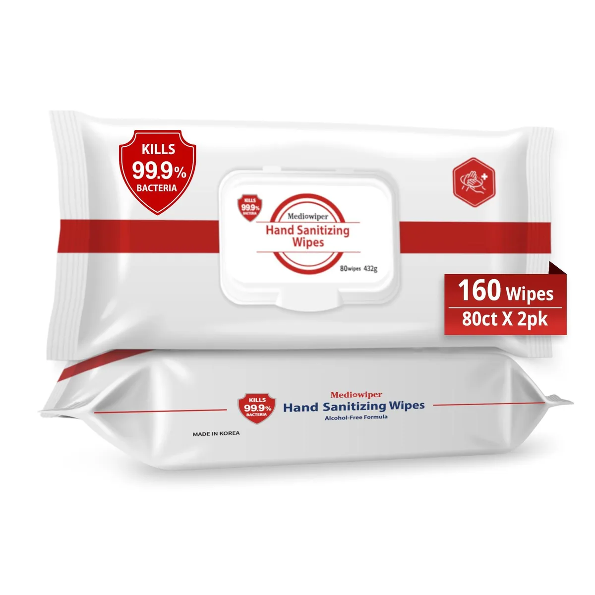 Two white plastic tubs with flip-top lids, 80 wipes each, unscented alcohol-free hand sanitizing wipes