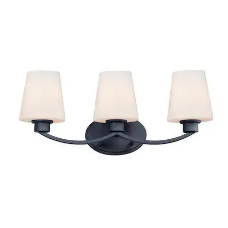 Black vanity light with three tapered satin white glass shades on rectangular tubing frame