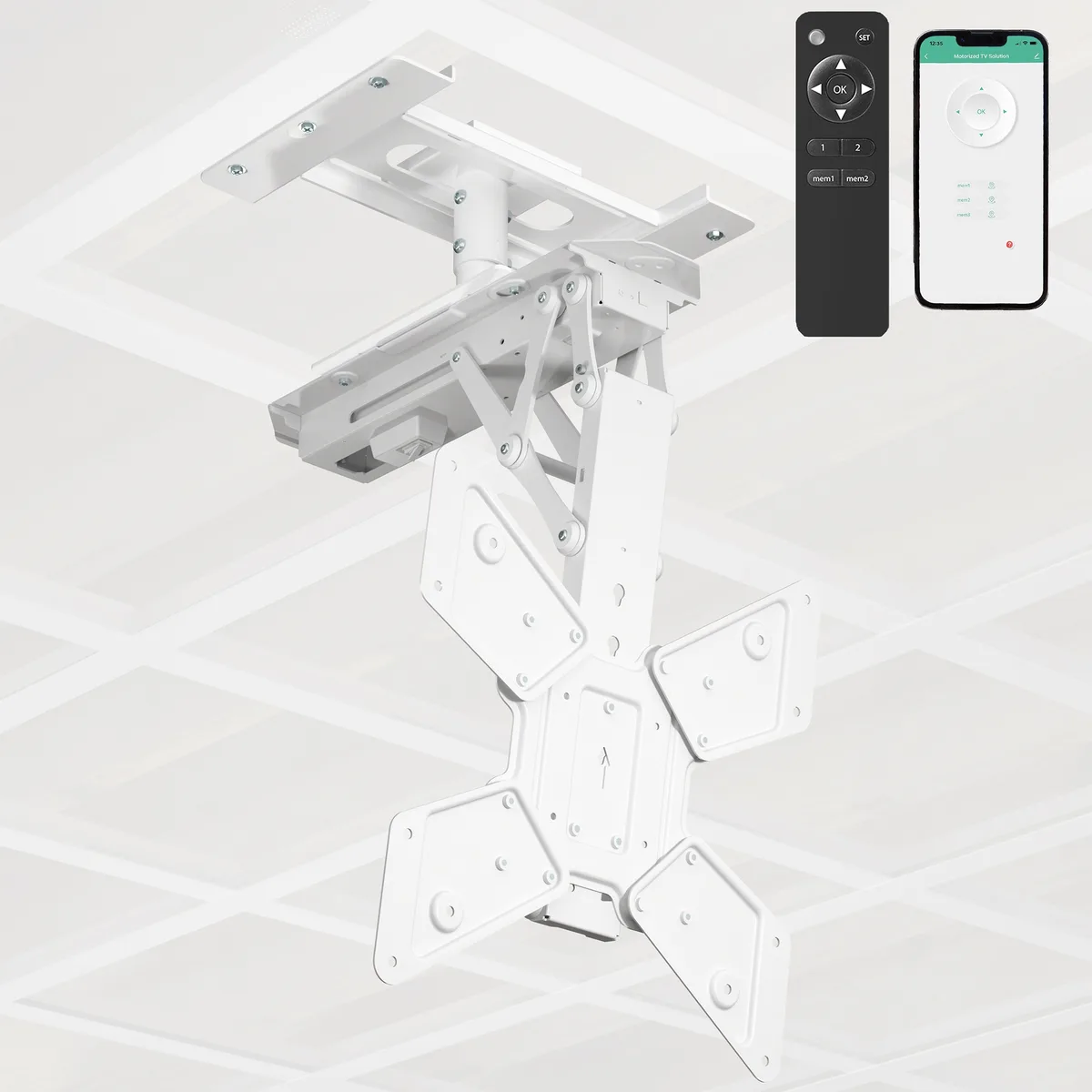 White steel ceiling mount with motorised flip-down TV bracket and remote control