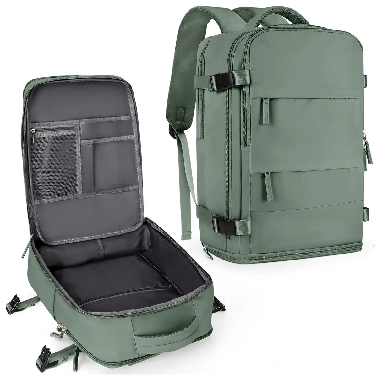 Olive green 25 L polyester travel backpack with padded straps and multiple pockets