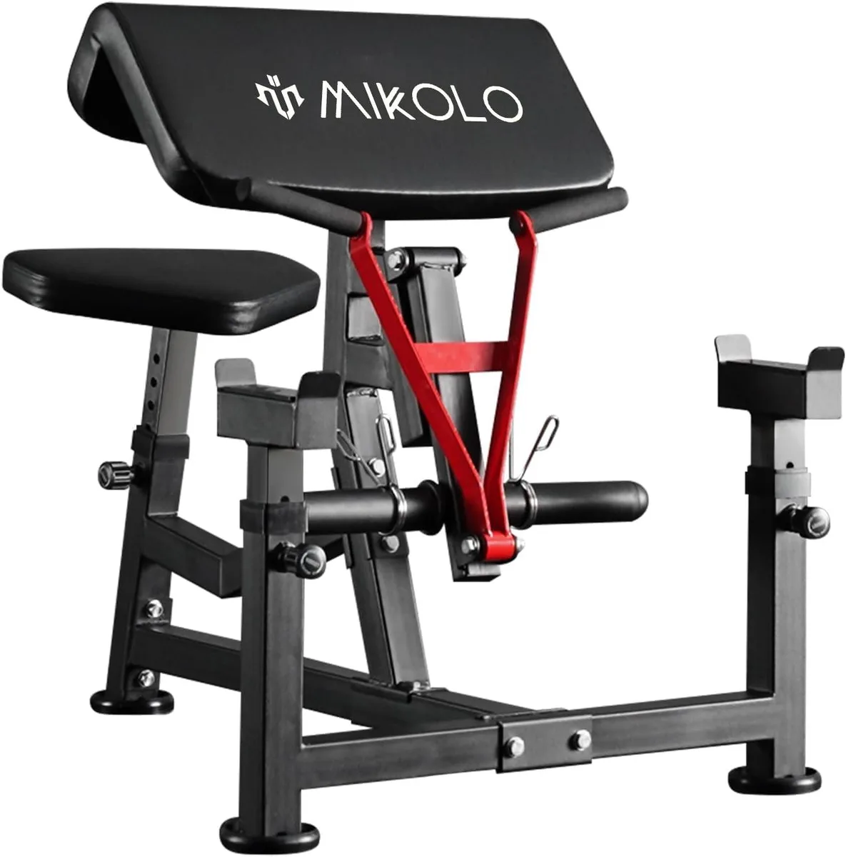 Steel preacher curl bench with adjustable seat, pad and dual handles