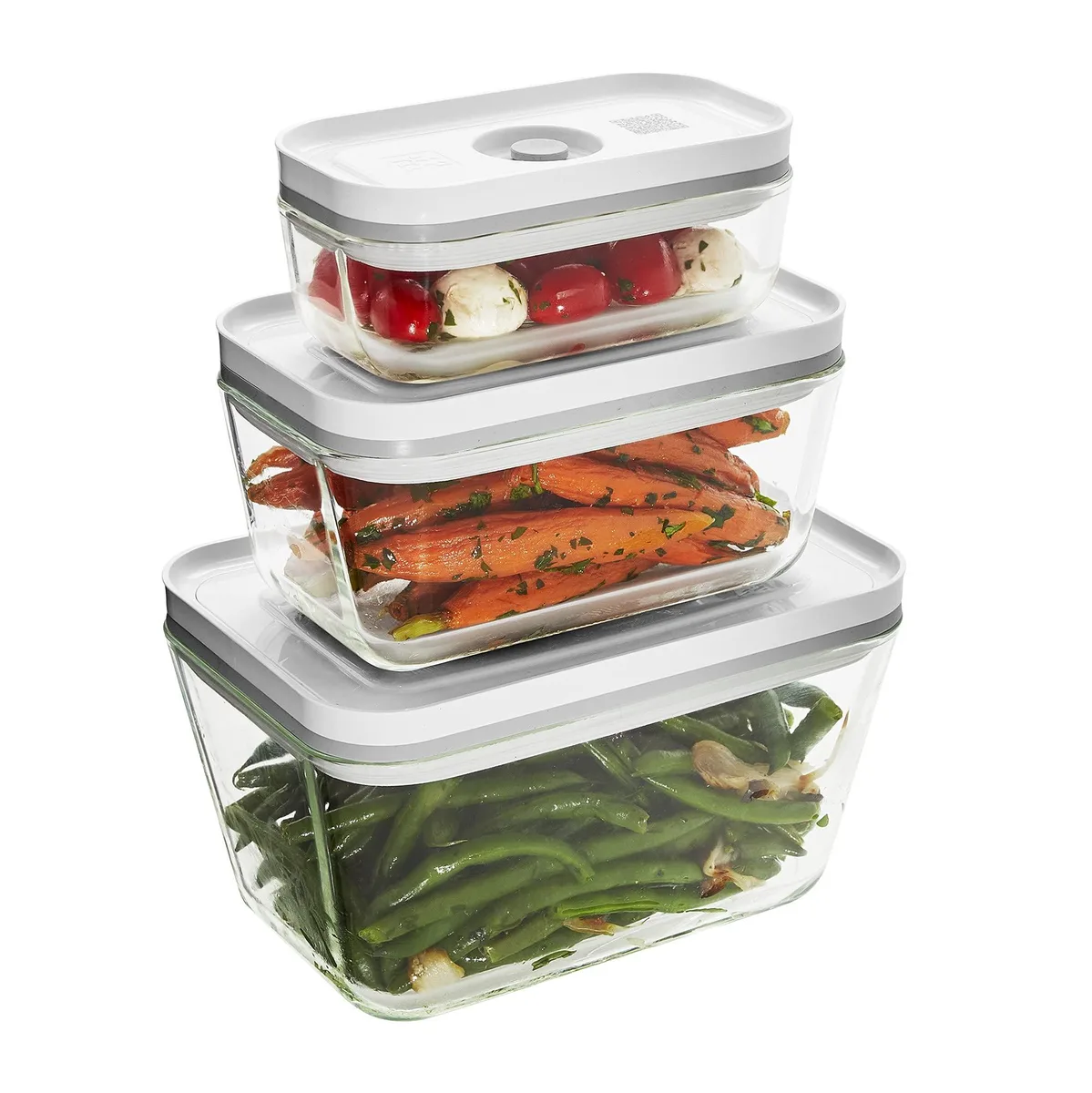 Three rectangular glass containers with red plastic lids and silicone valves in small medium and large sizes
