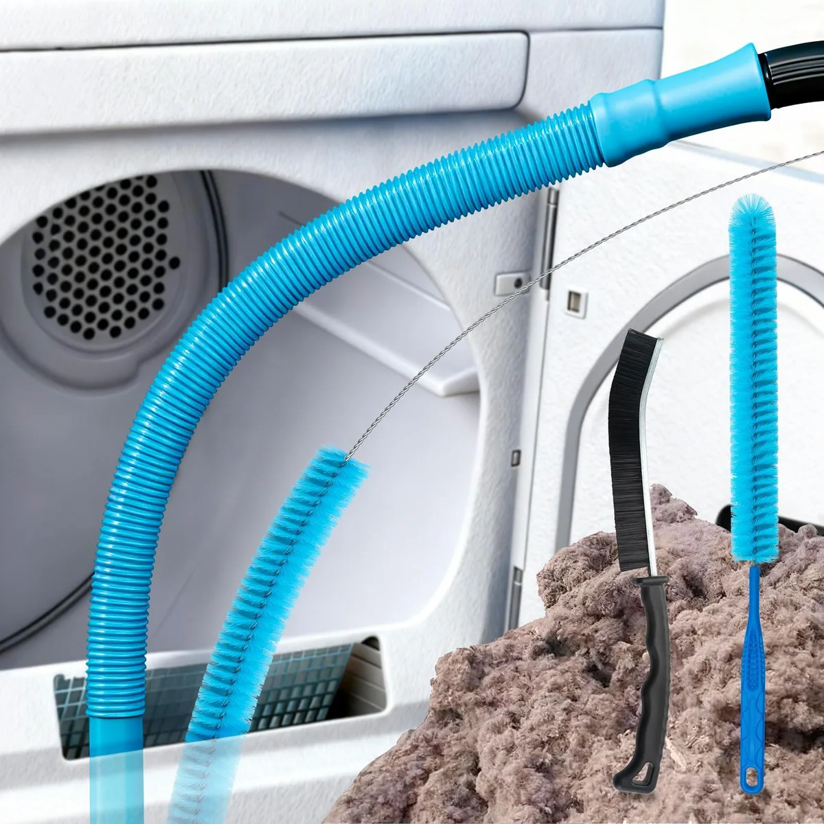 Four-piece dryer vent cleaning kit with flexible brushes and vacuum hose attachment