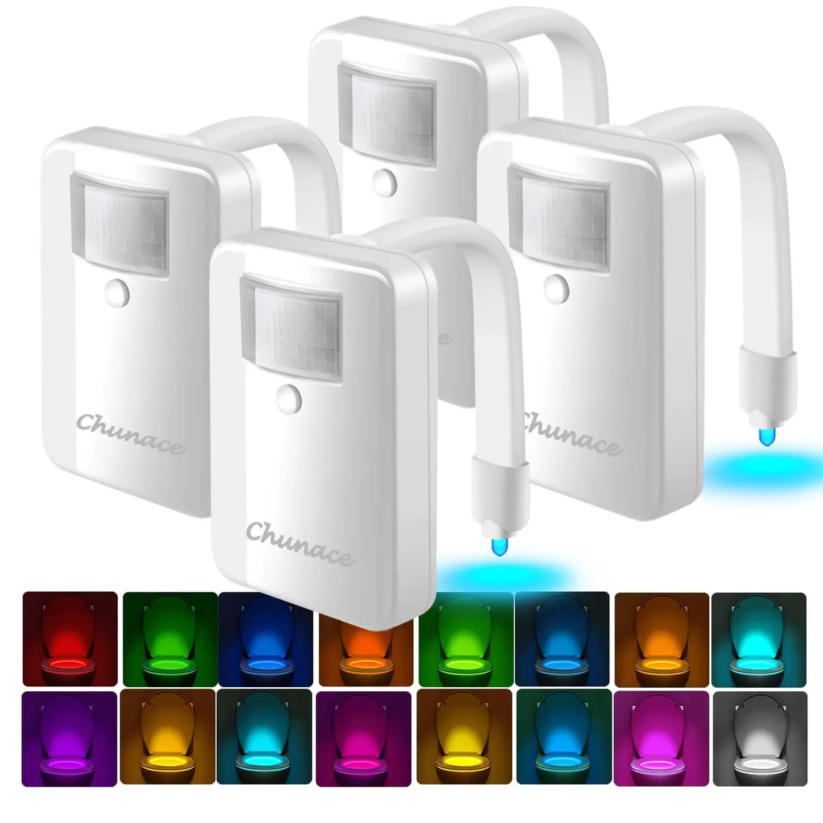 Four white square toilet lights with flexible arms and motion sensors
