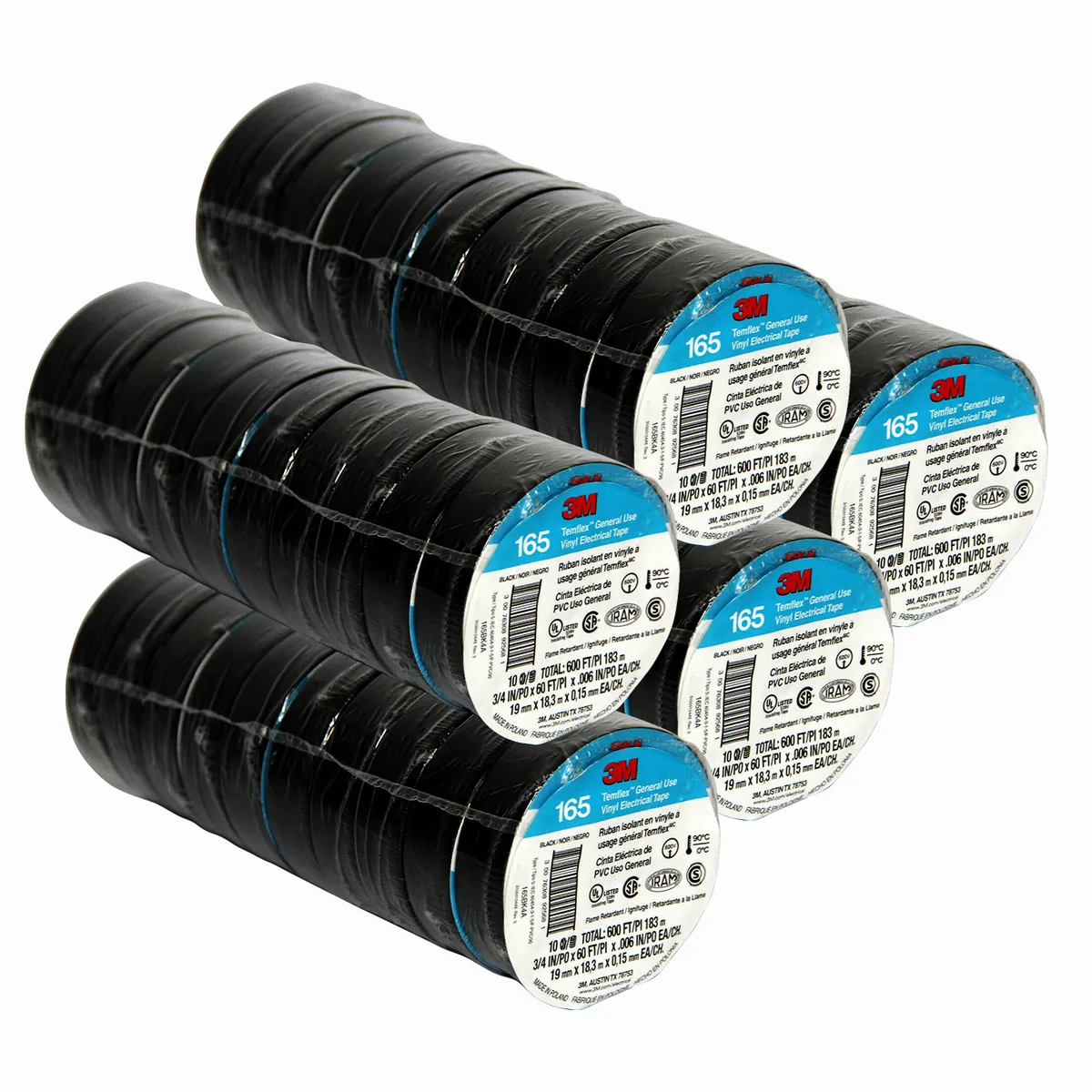 3M 3M Temflex 165 Electrical Tape 3/4" x 60 ft Black 50 Rolls (3M-165-10-50PCS) — product photo