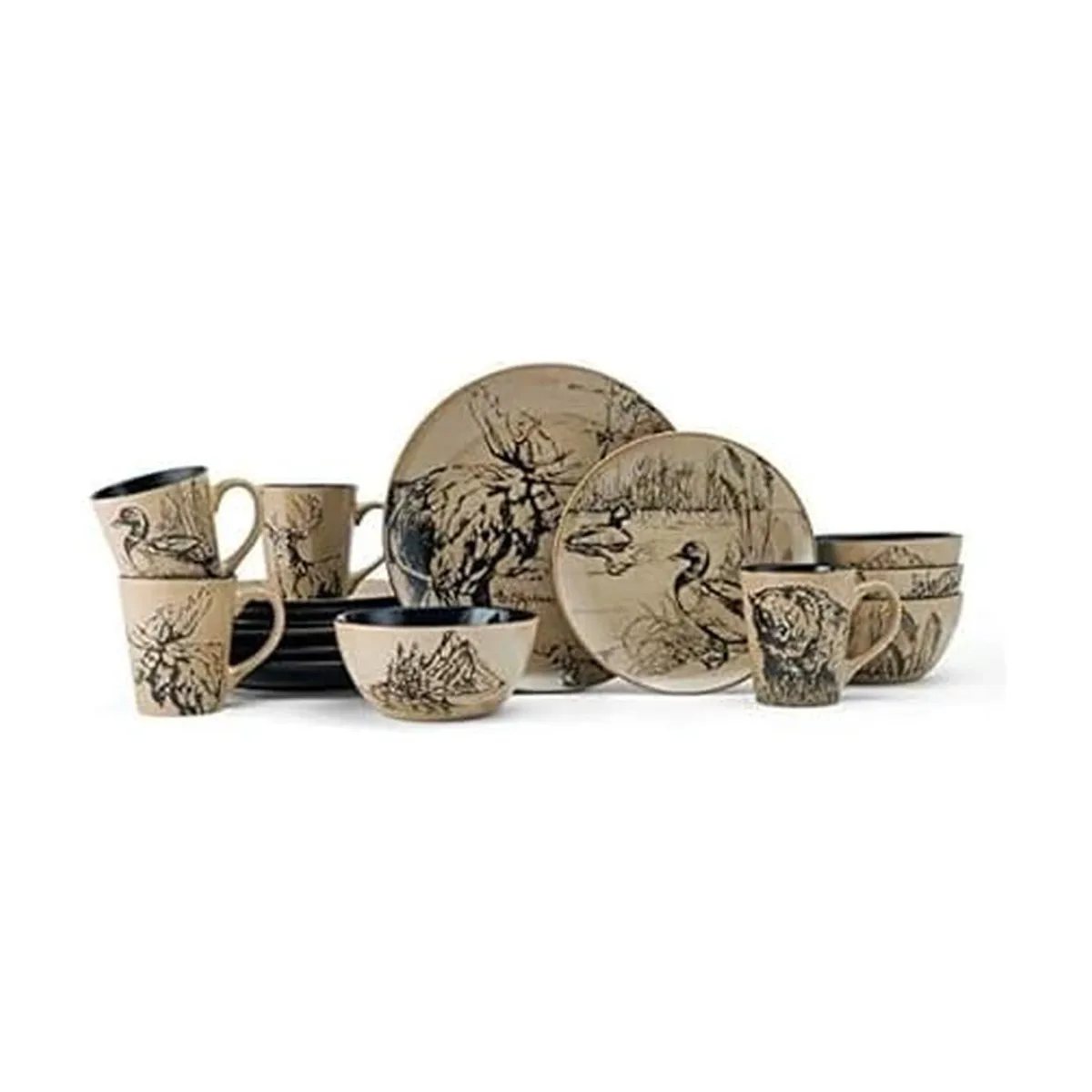 White square stoneware dinnerware set with black and beige animal sketches on plates bowls and mugs