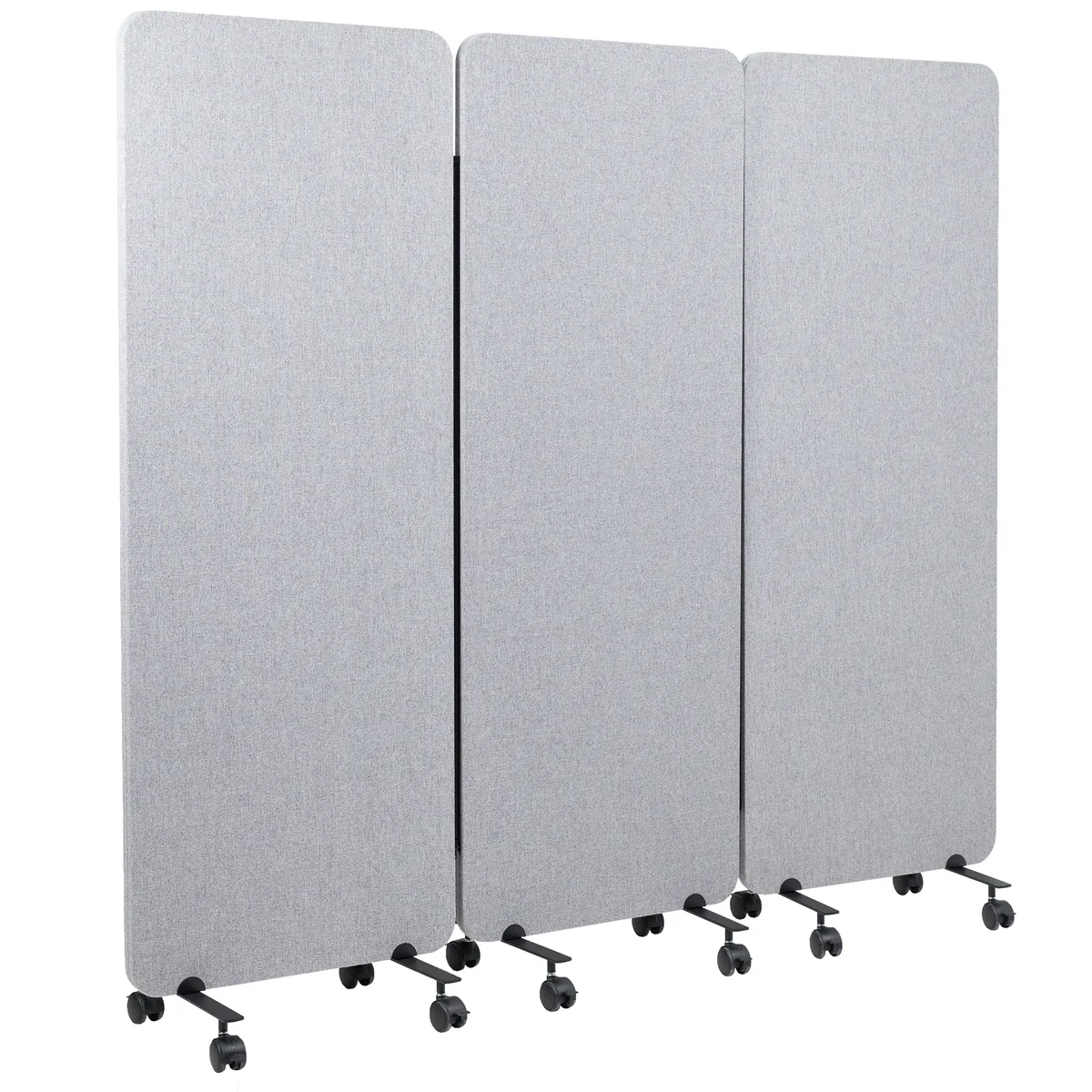 Three grey fabric panels on lockable wheels forming a curved room divider