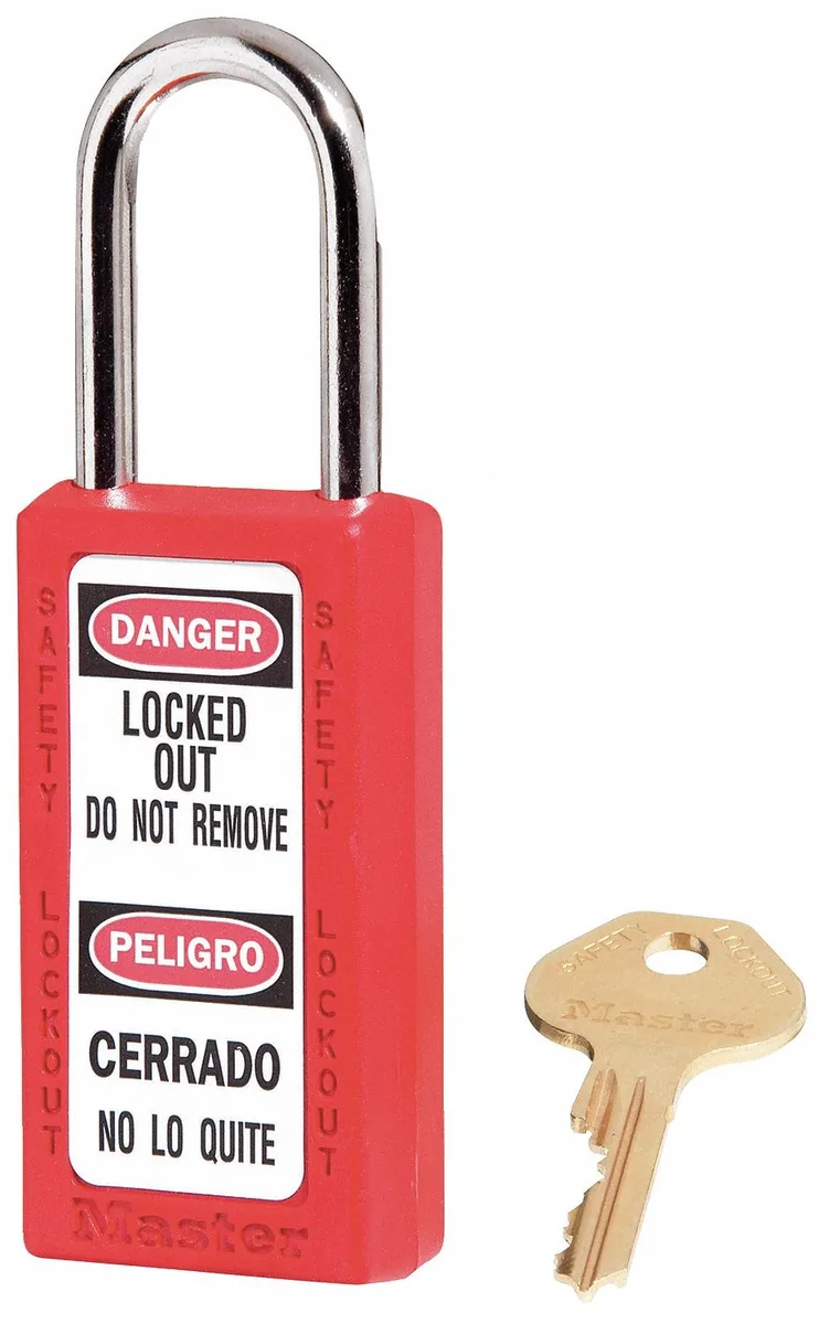 Six red plastic safety padlocks with hardened steel shackles keyed alike