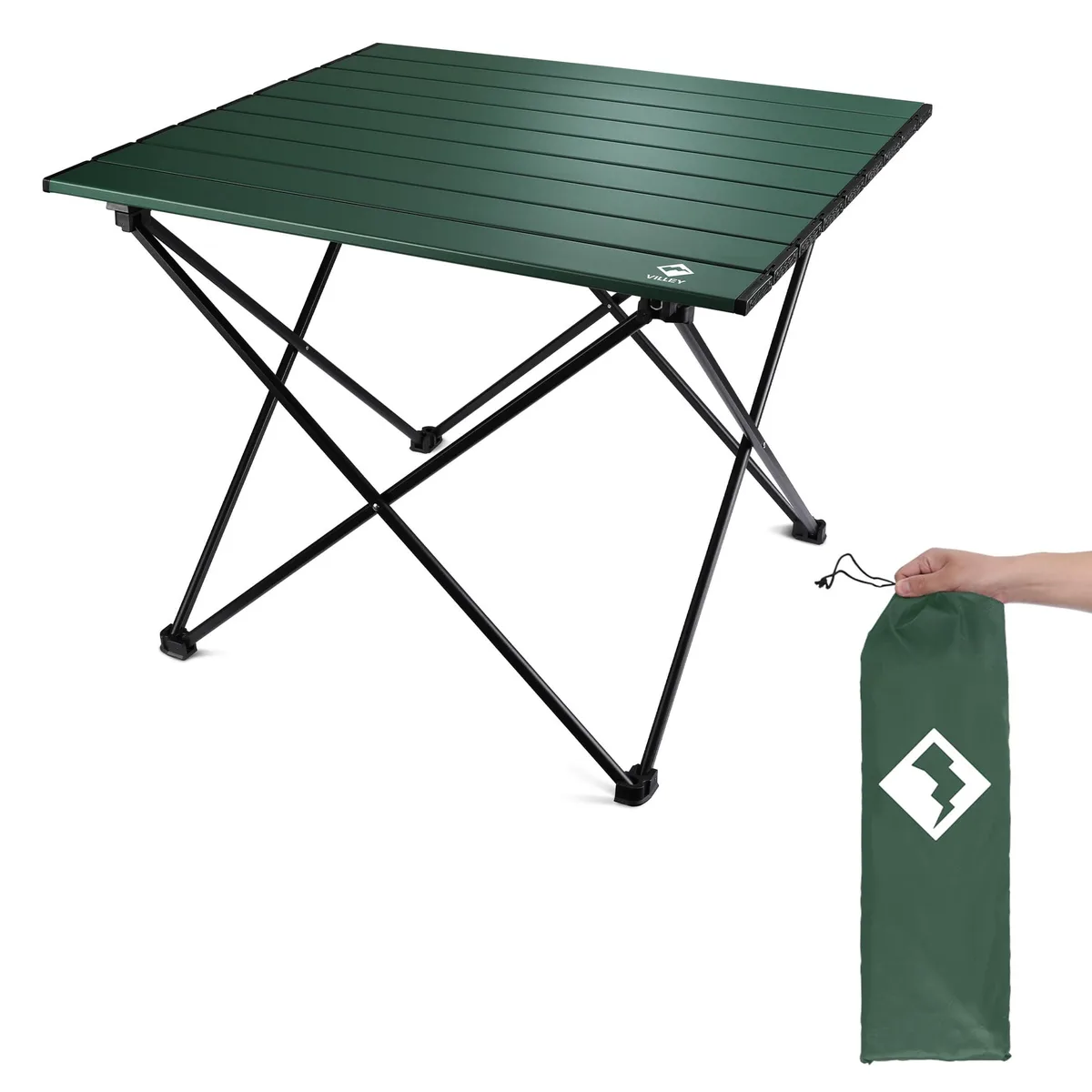 Compact black aluminum folding camp table with carry bag
