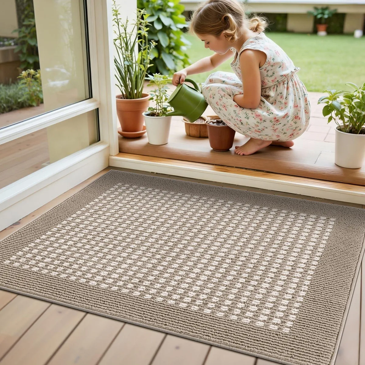 Beige rectangular door mat with geometric pattern and rubber backing
