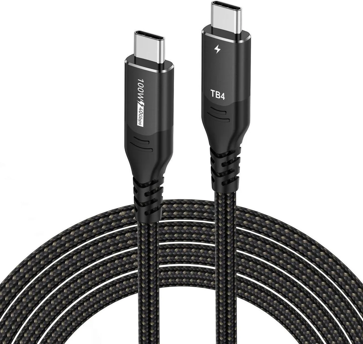 Black USB-C to USB-C cable coiled, 6.6FT length, matte connectors