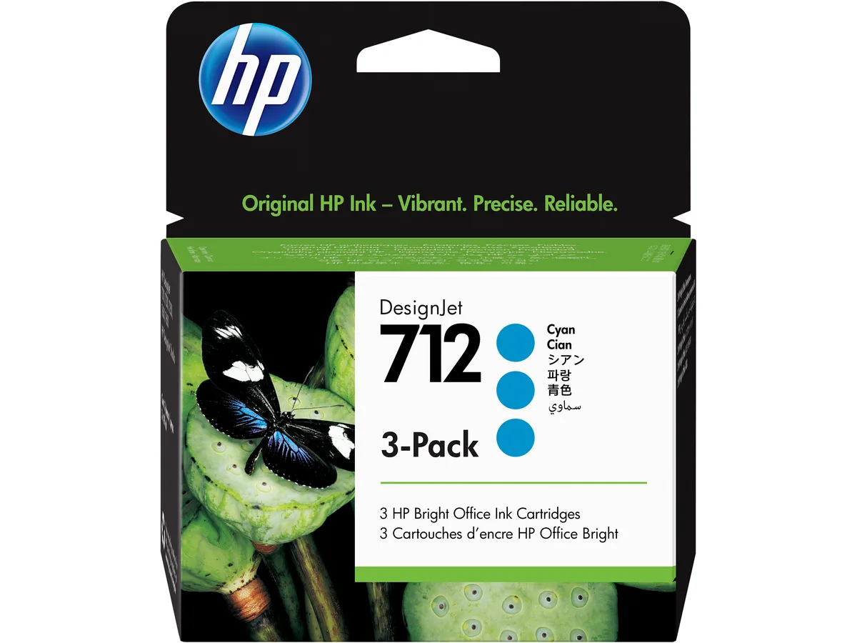 HP HP 3ED77A 712 Cyan DesignJet 29-ml 3-pack ink cartridges (genuine brands) — product photo