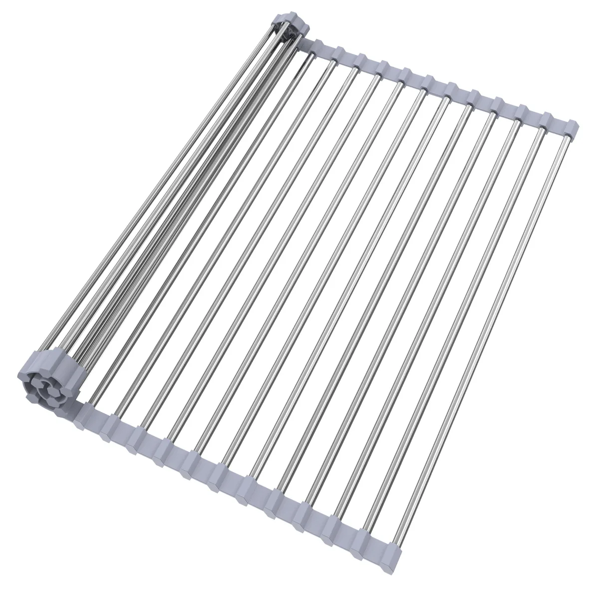 Gray stainless steel roll-up rack with parallel rods, shown flat over a sink