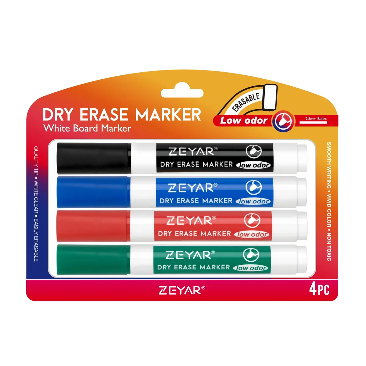  ZEYAR Low Odor Dry Erase Markers Bullet Tip 4 Count (Black Blue Red Green) — product photo
