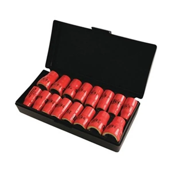 Red insulated 16-piece 3/8 inch drive socket set in plastic case